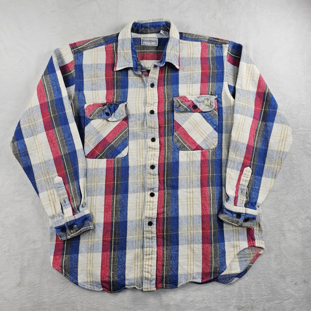 Vtg Five Brothers Flannel Shirt Mens L Plaid Heavyweight Red White Blue Trucker